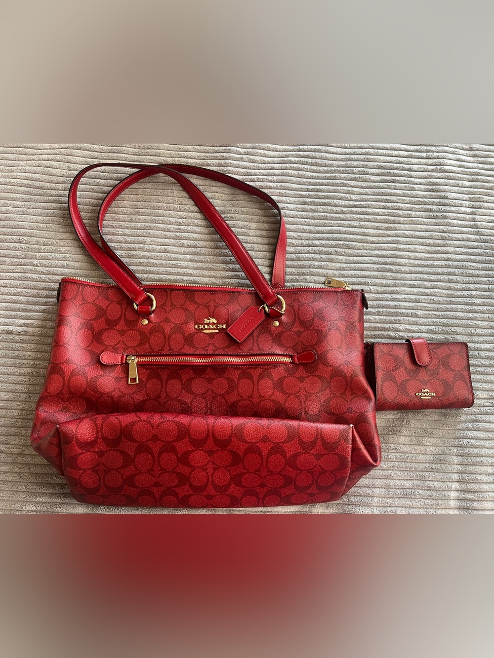 Coach Red Signature Tote + Wallet with Gold Hardware